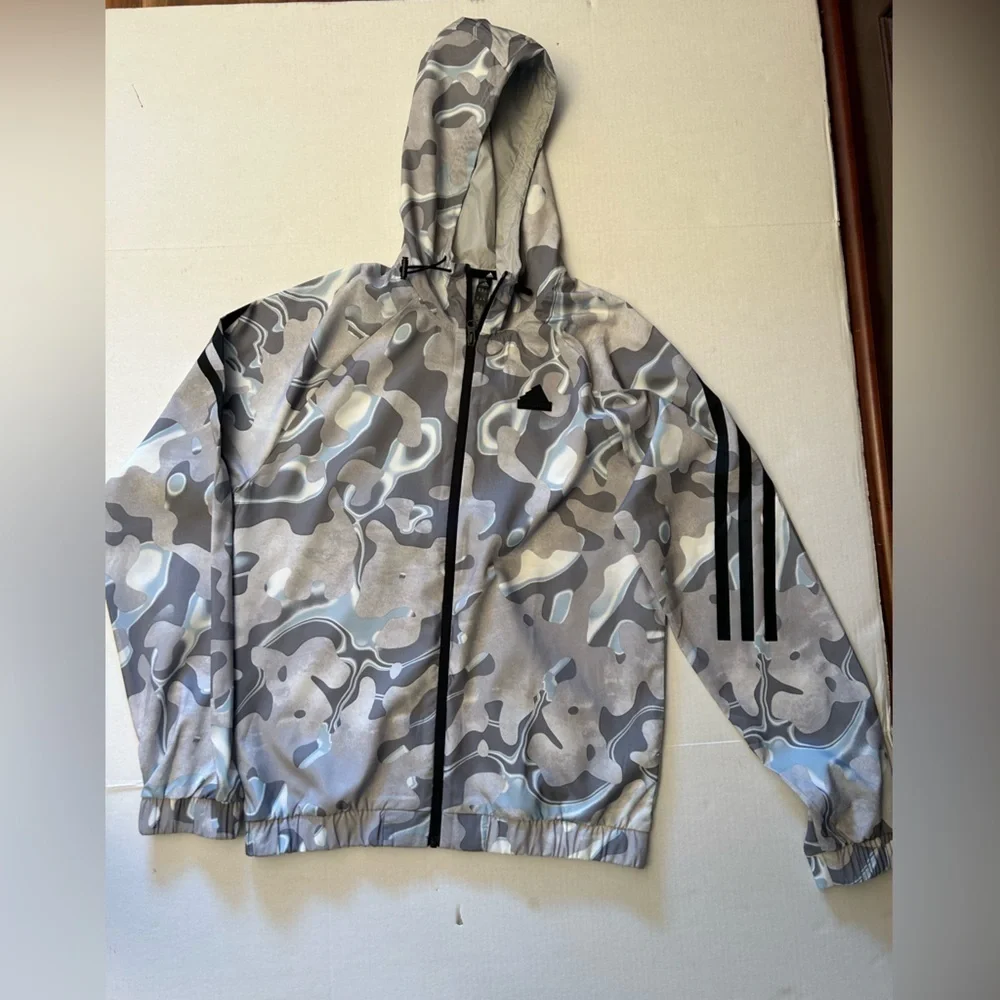 Adidas mens track‎ white & grey all over print lightweight hoodie Sz-XS. Z9